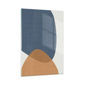 Quadro su vetro - Composizione geometrica con ovali blu navy e beige - 50x70cm - Ovali e influenze - Decorazione murale moderna per soggiorno e camera da letto ARTTOR