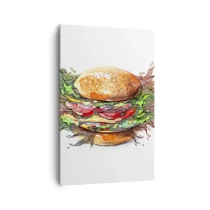 Quadro su tela - Stampe su Tela - Illustrazione artistica di un hamburger con elementi dinamici - 80x120cm - Una tentazione calda - Decorazione murale moderna per soggiorno e camera da letto ARTTOR