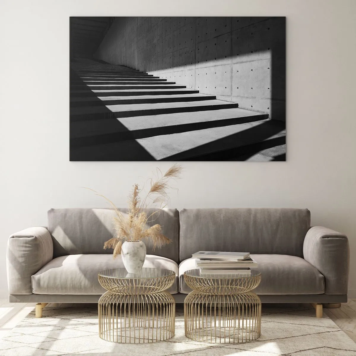 Quadro su vetro - Scale in cemento con luci e ombre nette in stile moderno - 100x70cm - La bellezza severa del modernismo - Decorazione murale moderna per soggiorno e camera da letto ARTTOR