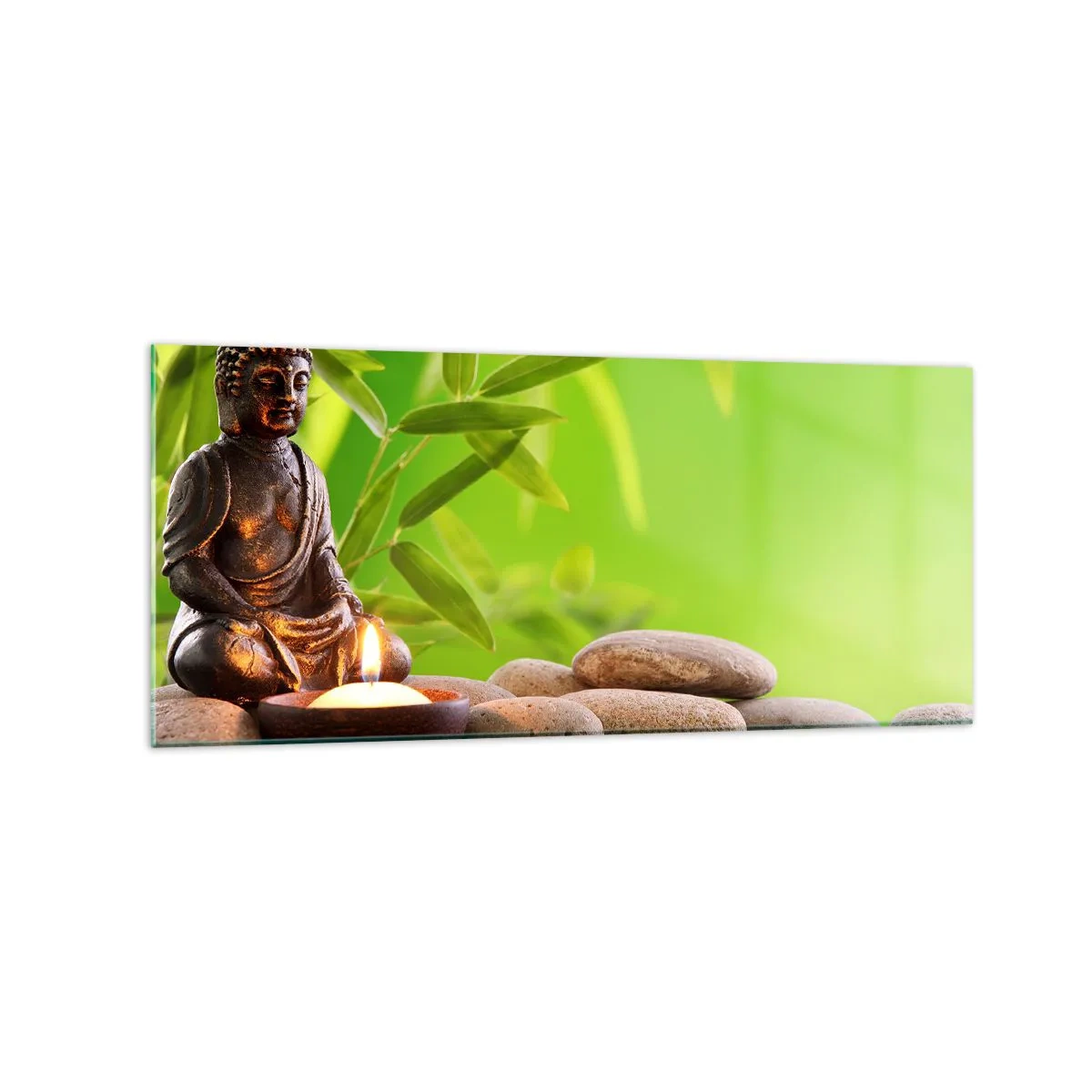 Quadro su vetro - Figura di Buddha con pietre e una candela su uno sfondo di bambù - 120x50cm - La vita è bella - Decorazione murale moderna per soggiorno e camera da letto ARTTOR