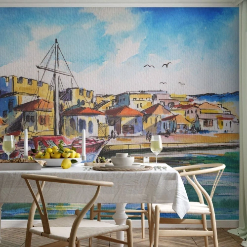 Fotomurali Premium Sand - Un colorato pomeriggio - Porto, Yacht, Mare - 400x280 cm