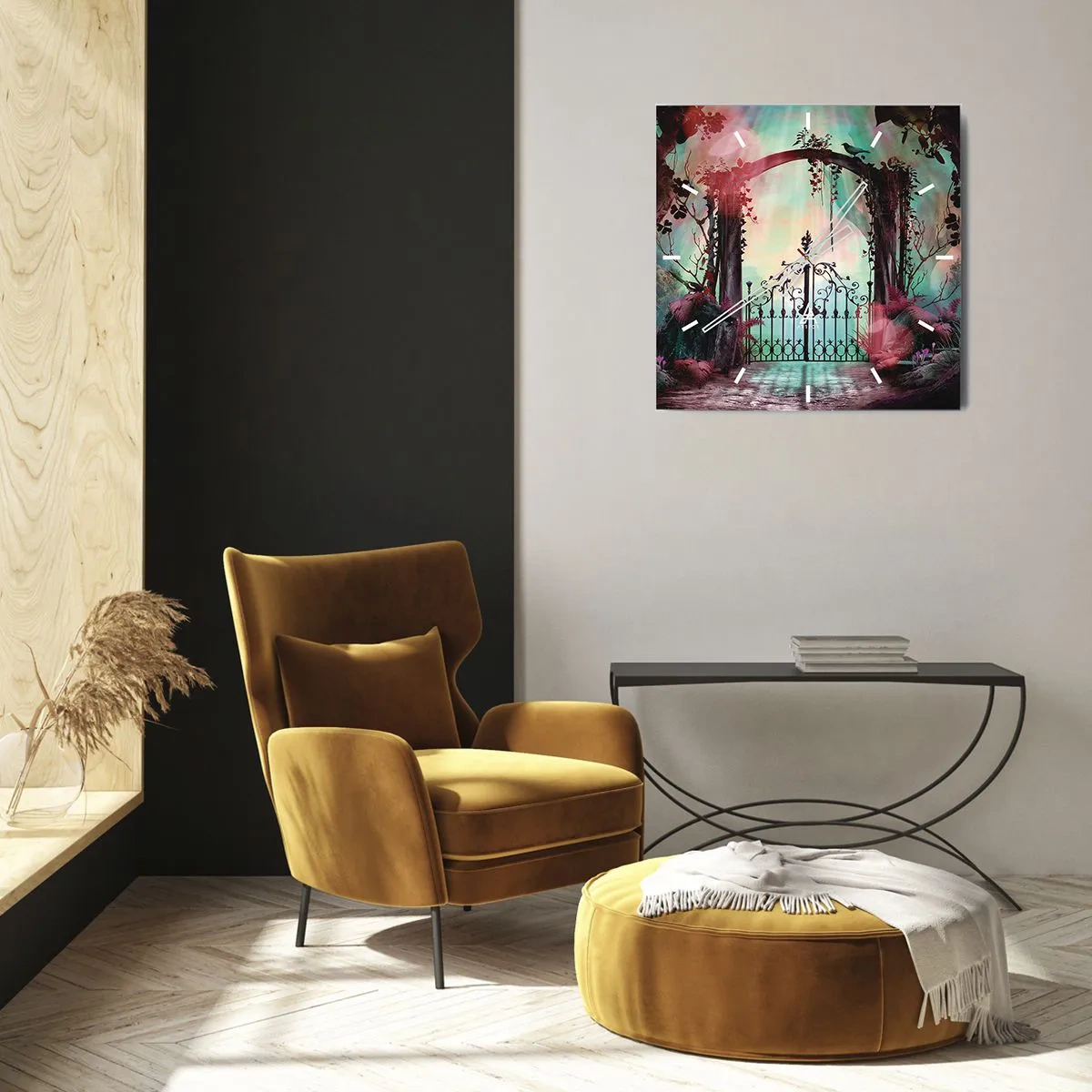 Orologio da parete - Orologio in Vetro - Un ingresso magico con un cancello in ferro battuto circondato da una vegetazione misteriosa - 30x30cm - Il giardino dei misteri - Decorazione murale moderna per soggiorno e camera da letto ARTTOR