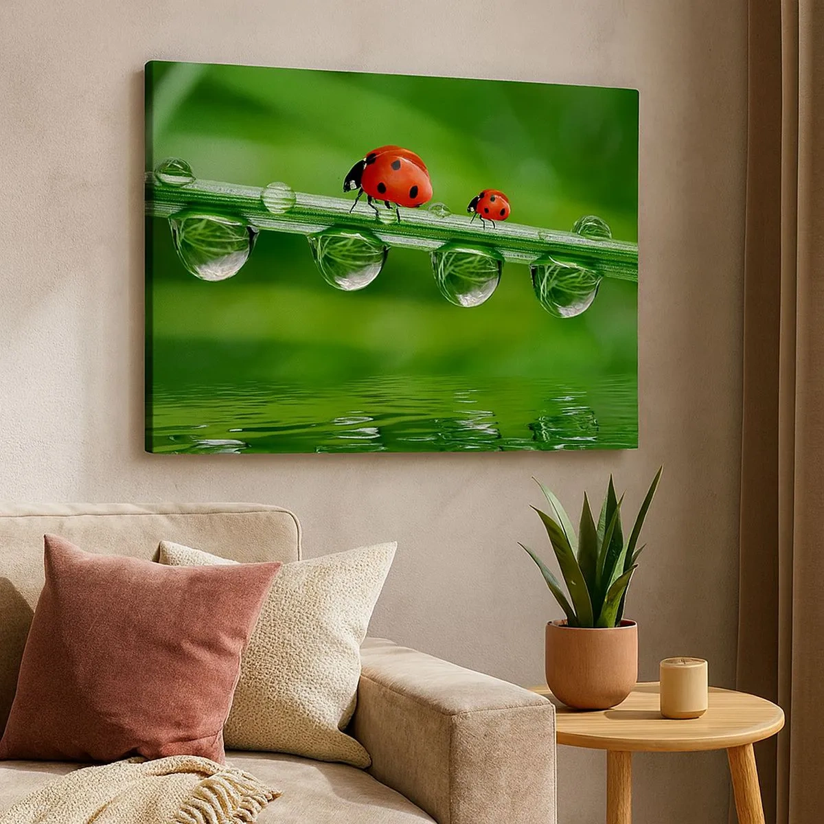 Quadro su tela - Stampe su Tela - Coccinelle su un filo d'erba con gocce di rugiada in un ambiente naturale - 70x50cm - In cammino per tutta l'estate - Decorazione murale moderna per soggiorno e camera da letto ARTTOR