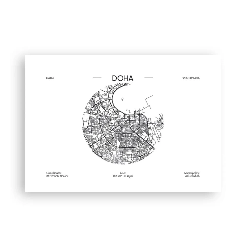 Poster - Una mappa minimalista di Doha in bianco e nero con dettagli precisi. - 100x70cm - Anatomia di Doha - Decorazione murale moderna per soggiorno e camera da letto ARTTOR