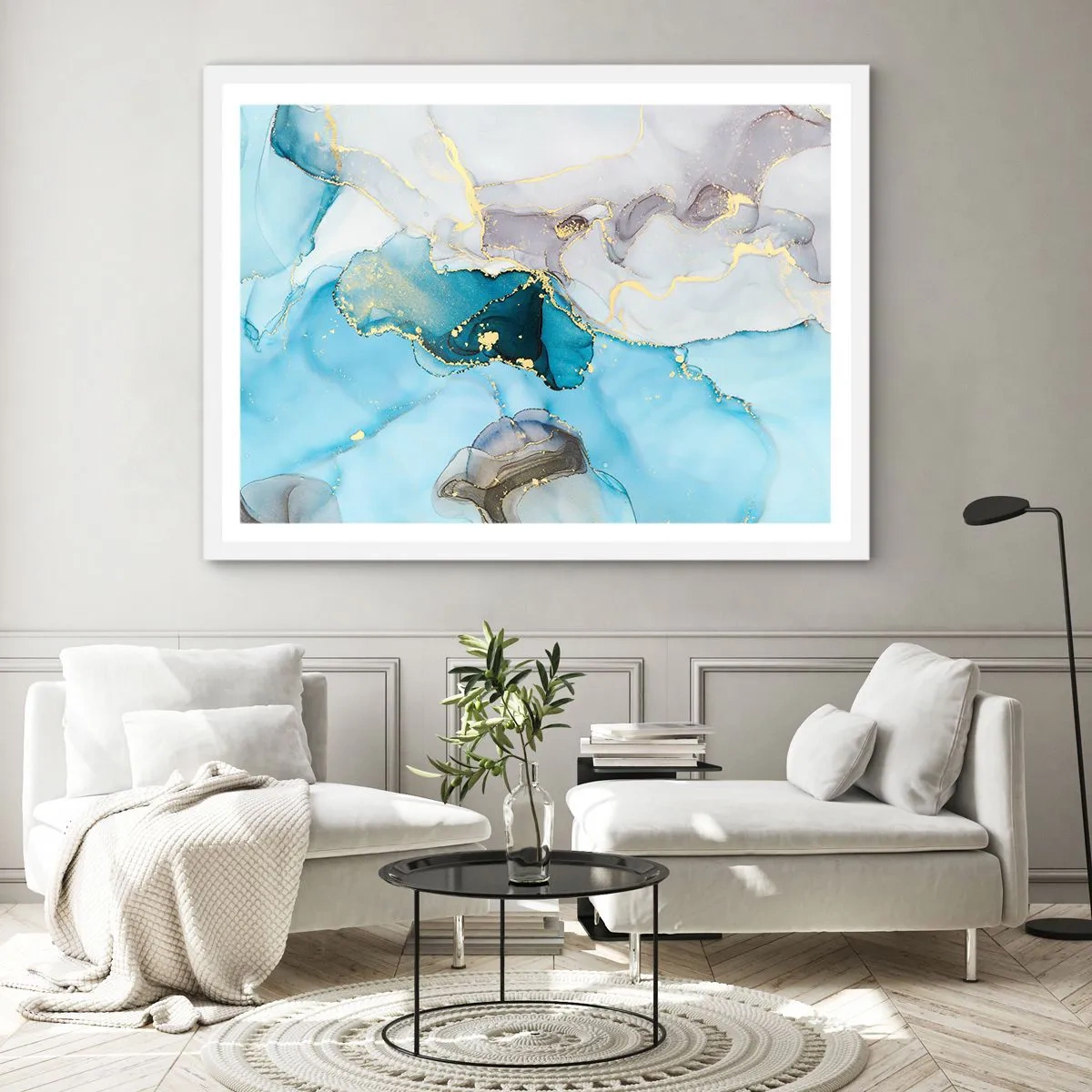 Poster in cornice bianca - Studio di incontro tra grigio e turchese - 91x61 cm