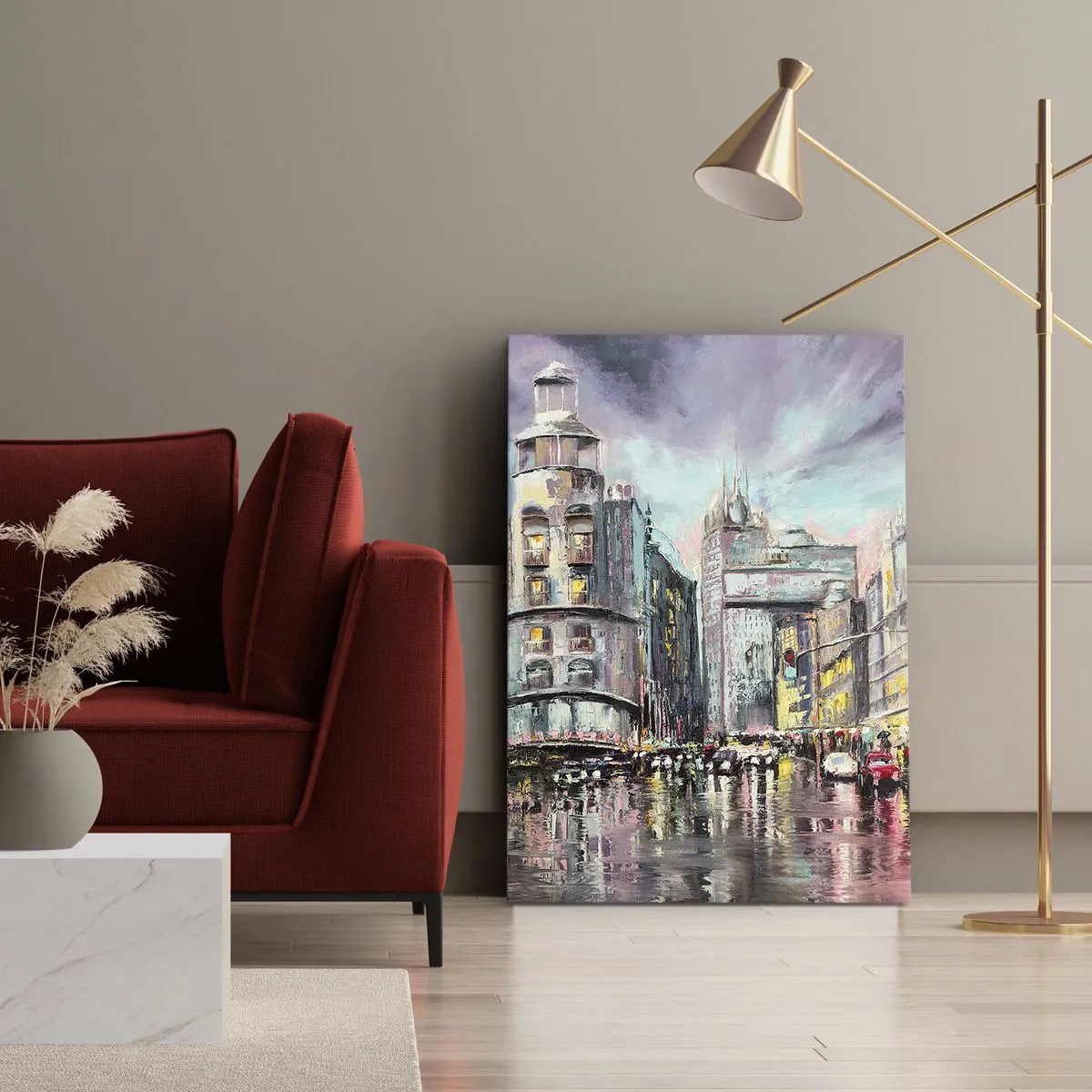 Quadro su tela - Stampe su Tela - Vista serale della città con riflessi sulla strada bagnata - 70x100cm - Sarà una serata riuscita - Decorazione murale moderna per soggiorno e camera da letto ARTTOR