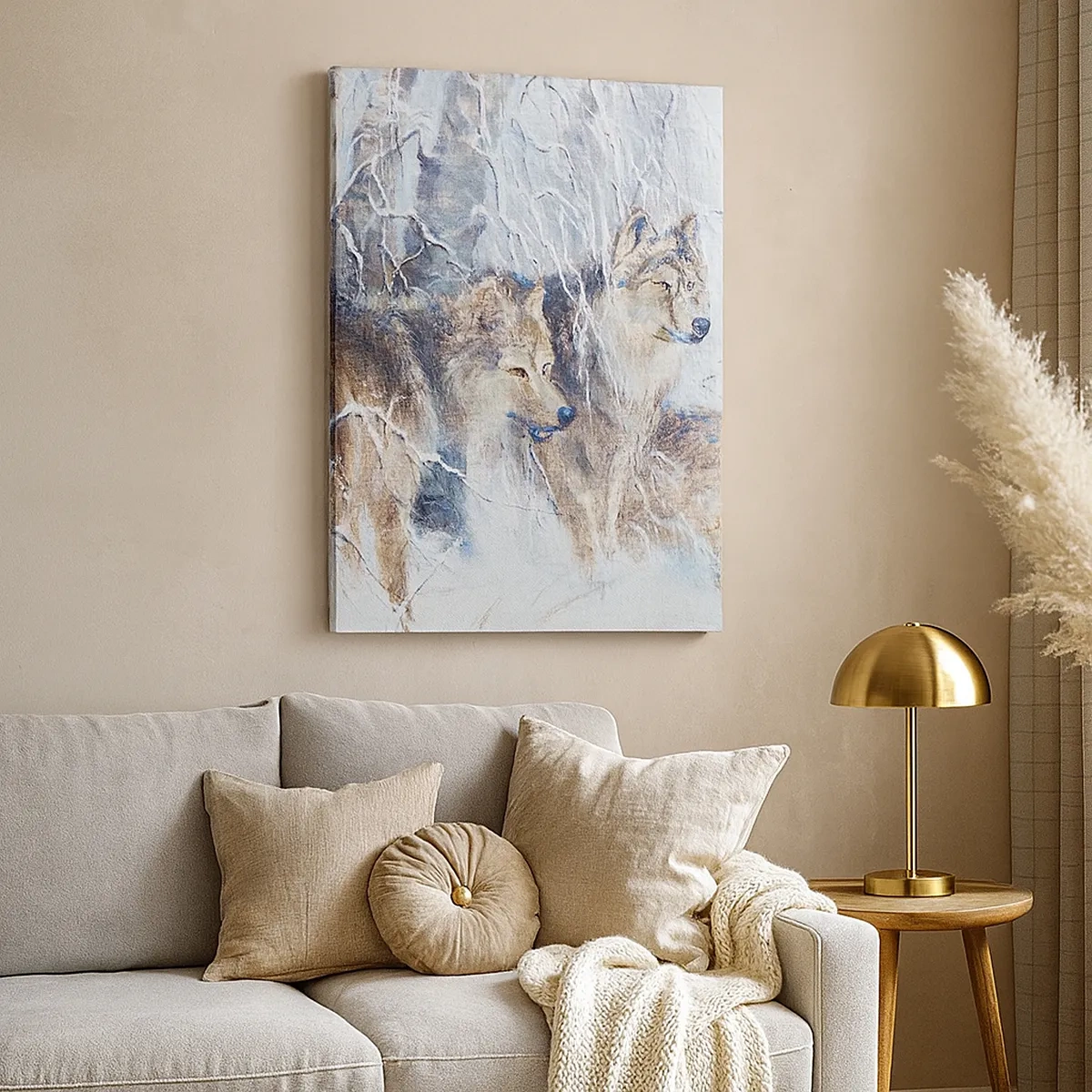 Quadro su tela - Stampe su Tela - Lupi in una foresta invernale contro uno sfondo innevato - 50x70cm - Attenzione! In arrivo... - Decorazione murale moderna per soggiorno e camera da letto ARTTOR