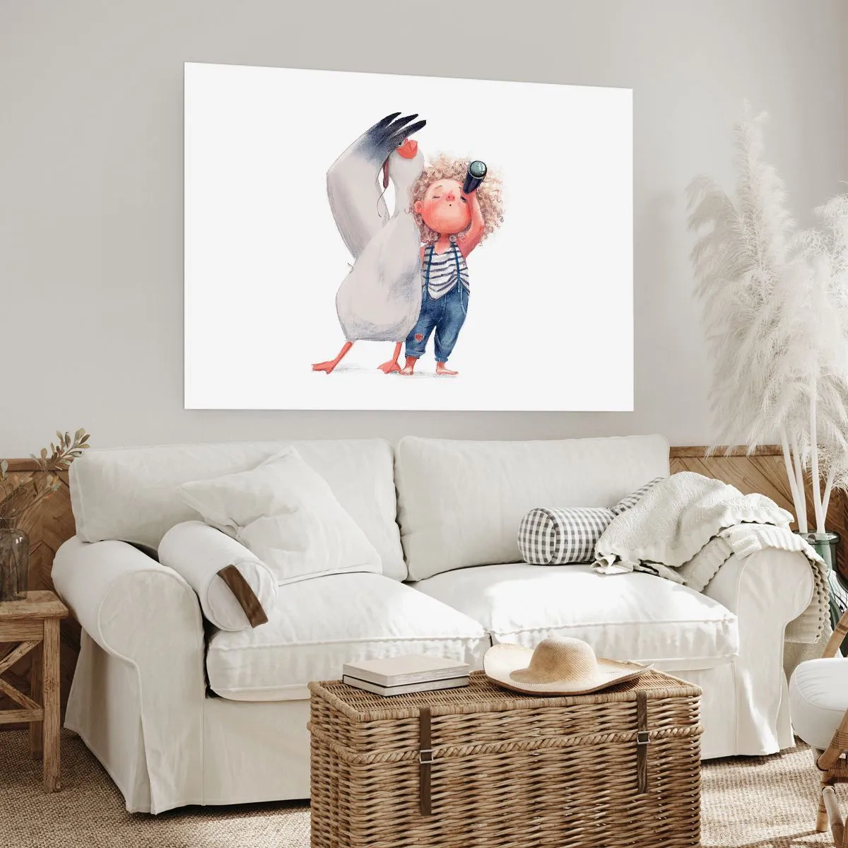 Poster - Illustrazione di un bambino con un pellicano e un telescopio in mano - 100x70cm - Il progetto di un grande viaggio - Decorazione murale moderna per soggiorno e camera da letto ARTTOR