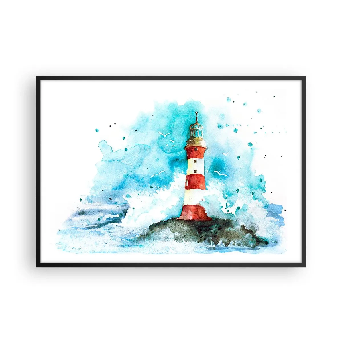 Poster in cornice nera - Un faro in un ambiente acquerello con uno sfondo blu - 100x70cm - L'unità dei quattro elementi - Decorazione murale moderna per soggiorno e camera da letto ARTTOR