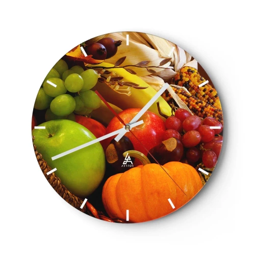Orologio da parete - Orologio in Vetro - Frutta e verdura autunnali in un cestino - 30x30cm - Cesta dell'abbondanza - Decorazione murale moderna per soggiorno, cucina e camera da letto ARTTOR