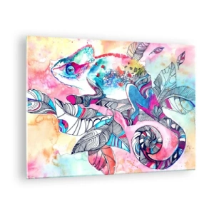 Quadro su vetro - Camaleonte colorato tra le foglie in stile acquerello - 70x50cm - Il nostro mondo colorato - Decorazione murale moderna per soggiorno e camera da letto ARTTOR