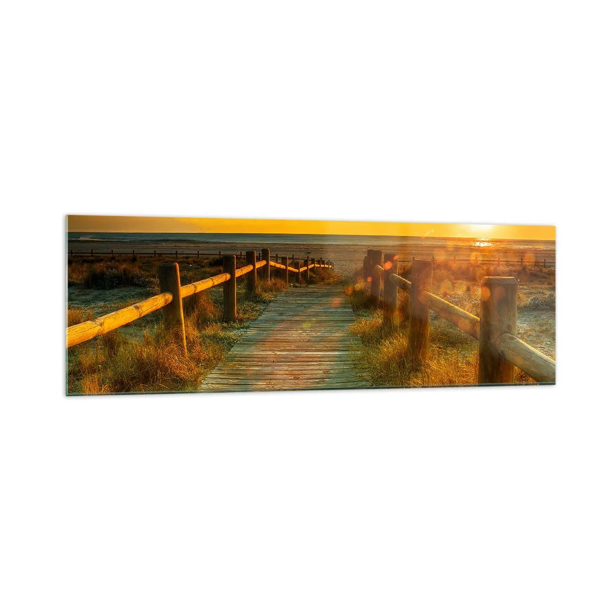 Quadro su vetro - Un sentiero in legno che conduce alla spiaggia al chiarore del sole al tramonto - 160x50cm - Immerse nell'oro vecchio - Decorazione murale moderna per soggiorno e camera da letto ARTTOR