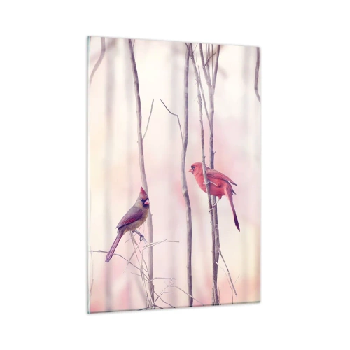 Quadro su vetro - Due uccelli tra delicati ramoscelli dai toni pastello - 50x70cm - Il racconto del bosco rosa - Decorazione murale moderna per soggiorno e camera da letto ARTTOR
