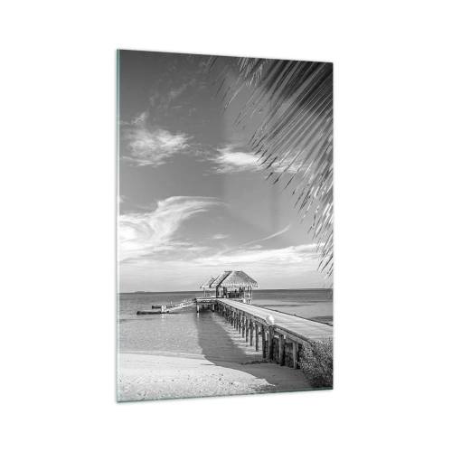 Quadro su vetro - Spiaggia bianca e nera con molo e palme su una costa tropicale - 70x100cm - Un ricordo o un sogno? - Decorazione murale moderna per soggiorno e camera da letto ARTTOR