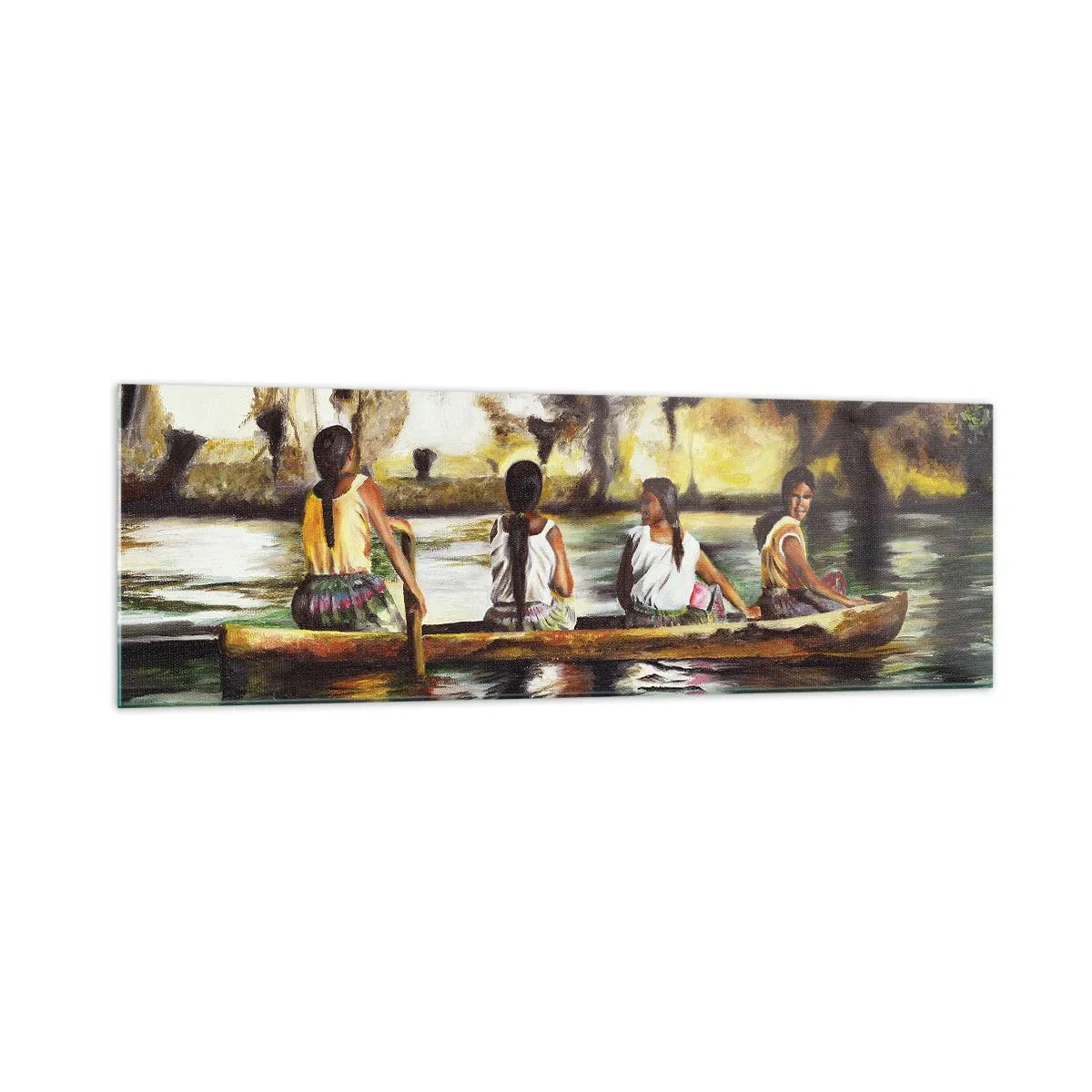 Quadro su vetro - Donne in barca su un fiume calmo con uno sfondo pittoresco - 160x50cm - Nel paradiso della Polinesia - Decorazione murale moderna per soggiorno e camera da letto ARTTOR