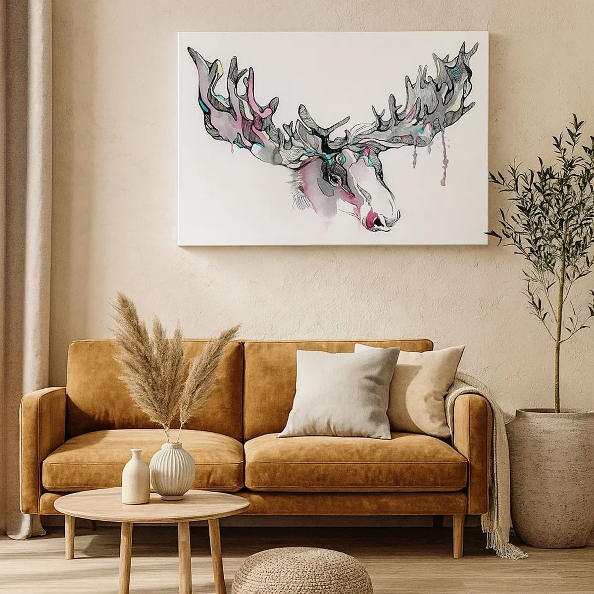 Quadro su tela - Stampe su Tela - Acquerello artistico di un alce con corna folte - 70x50cm - La corona del re del bosco - Decorazione murale moderna per soggiorno e camera da letto ARTTOR