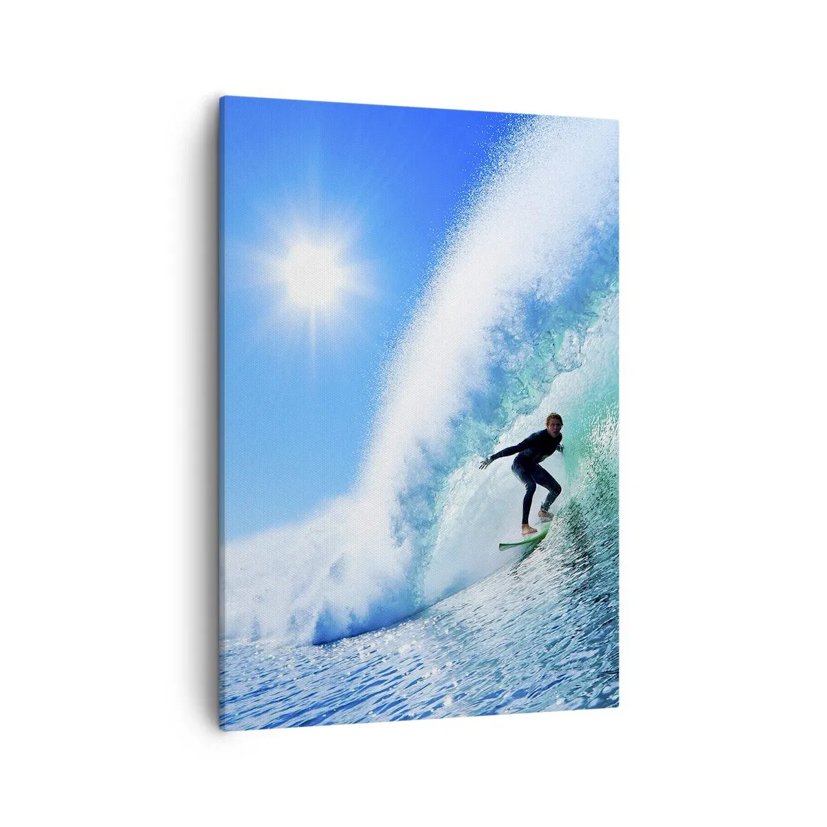 Quadro su tela - Stampe su Tela - Un surfista su una tavola cavalca un'onda potente sotto un cielo azzurro. - 50x70cm - Attraverso il grande blu - Decorazione murale moderna per soggiorno e camera da letto ARTTOR