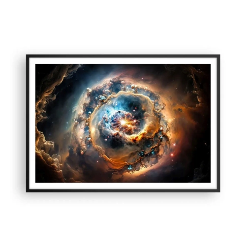 Poster in cornice nera - Una visione astratta di un'esplosione cosmica nei toni dell'oro e del blu. - 100x70cm - L'inizio - Decorazione murale moderna per soggiorno e camera da letto ARTTOR