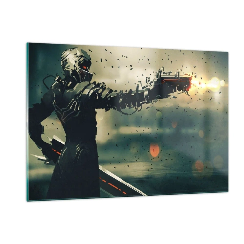 Quadro su vetro - Un cyberguerriero in stile futuristico con armi energetiche - 120x80cm - L'arma assassina: il tuo Terminator - Decorazione murale moderna per soggiorno e camera da letto ARTTOR