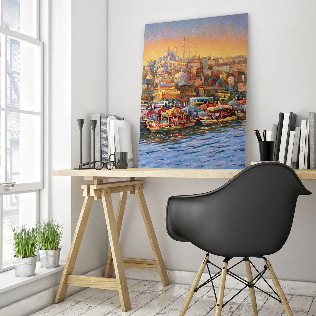 Quadro su vetro - Panorama pittoresco di Istanbul con vista sulla baia e sulla città - 70x100cm - Racconto da Istanbul - Decorazione murale moderna per soggiorno e camera da letto ARTTOR