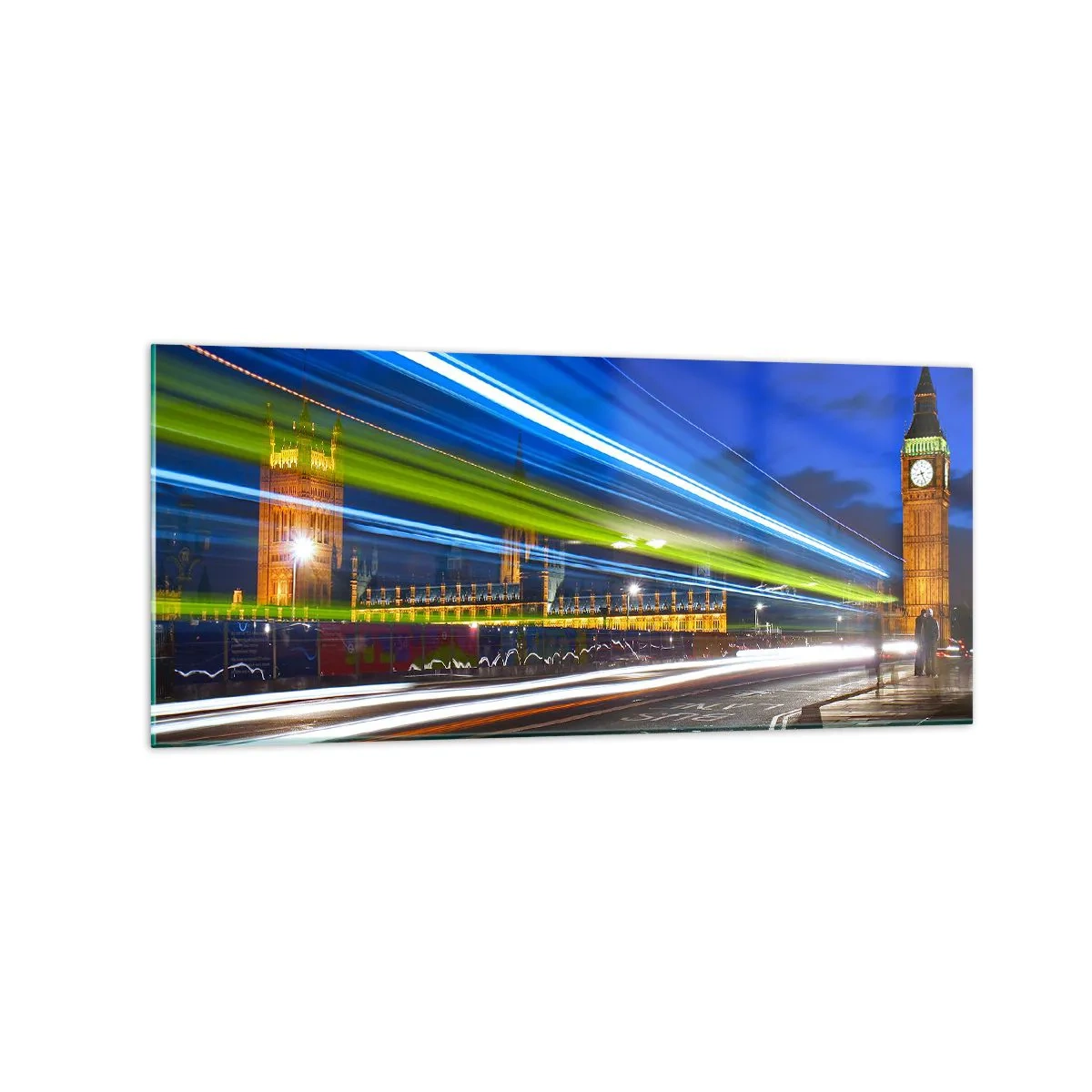 Quadro su vetro - Big Ben di notte con l'effetto delle luci nel traffico stradale - 120x50cm - Sotto lo sguardo del Big Ben - Decorazione murale moderna per soggiorno e camera da letto ARTTOR