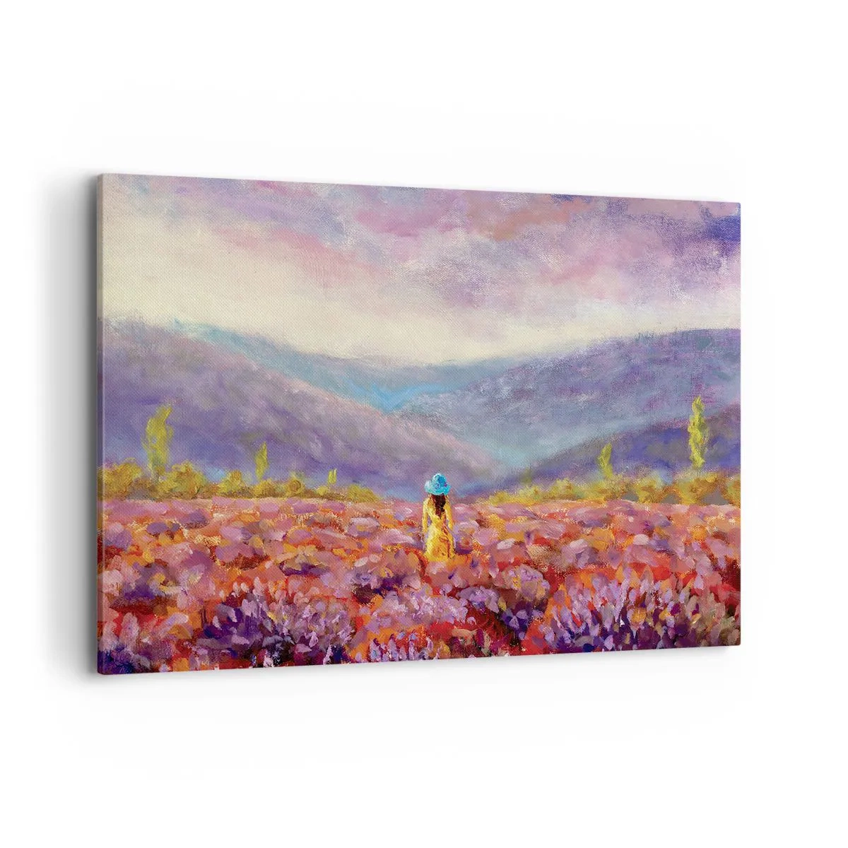 Quadro su tela - Stampe su Tela - Una donna con un cappello cammina in un campo di lavanda. - 120x80cm - Nel mondo di lavanda - Decorazione murale moderna per soggiorno e camera da letto ARTTOR