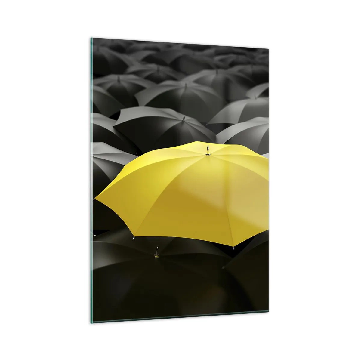 Quadro su vetro - Un ombrello giallo che spicca tra quelli neri - 50x70cm - Addio tristezza - Decorazione murale moderna per soggiorno e camera da letto ARTTOR