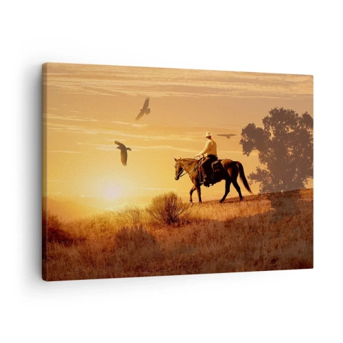 Quadro su tela - Stampe su Tela - Un cavaliere a cavallo al tramonto sullo sfondo della prateria - 70x50cm - Da solo nella prateria - Decorazione murale moderna per soggiorno e camera da letto ARTTOR