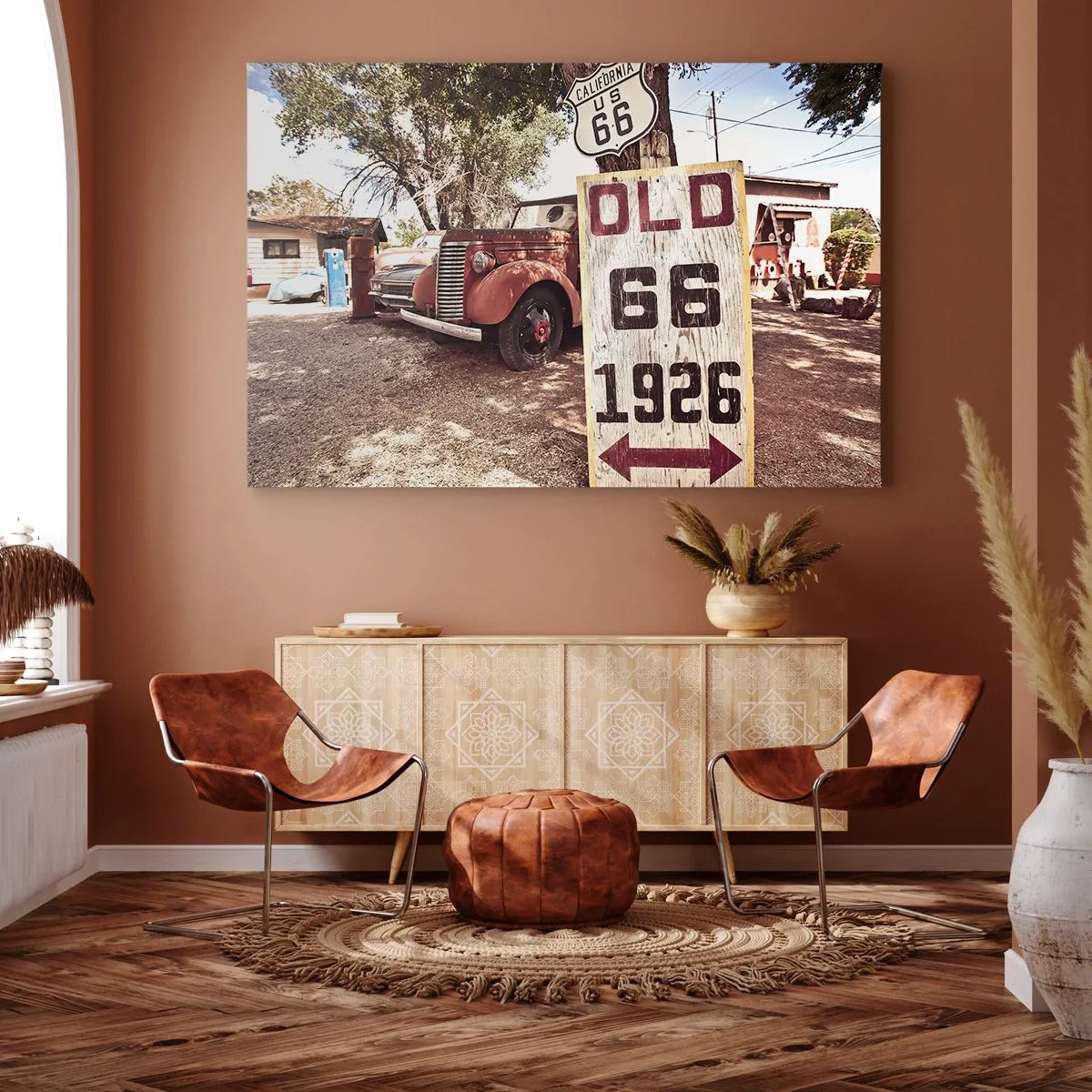 Quadro su tela - Stampe su Tela - Auto retrò e cartello della Route 66 in un ambiente rustico - 120x80cm - La leggenda della provincia americana - Decorazione murale moderna per soggiorno e camera da letto ARTTOR
