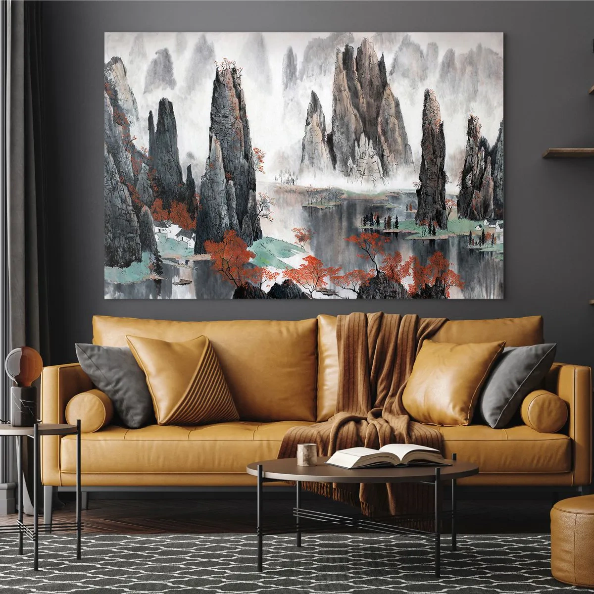 Quadro su vetro - Un pittoresco paesaggio montano con cime nebbiose e alberi rossi - 100x70cm - Protettori potenti - Decorazione murale moderna per soggiorno e camera da letto ARTTOR