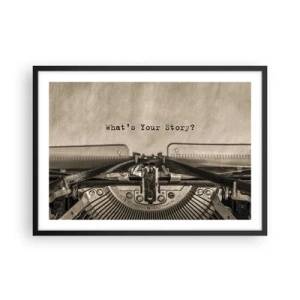 Poster in cornice nera - Una macchina da scrivere con la scritta "Qual è la tua storia?" - 70x50cm - Rispondimi - Decorazione murale moderna per soggiorno e camera da letto ARTTOR
