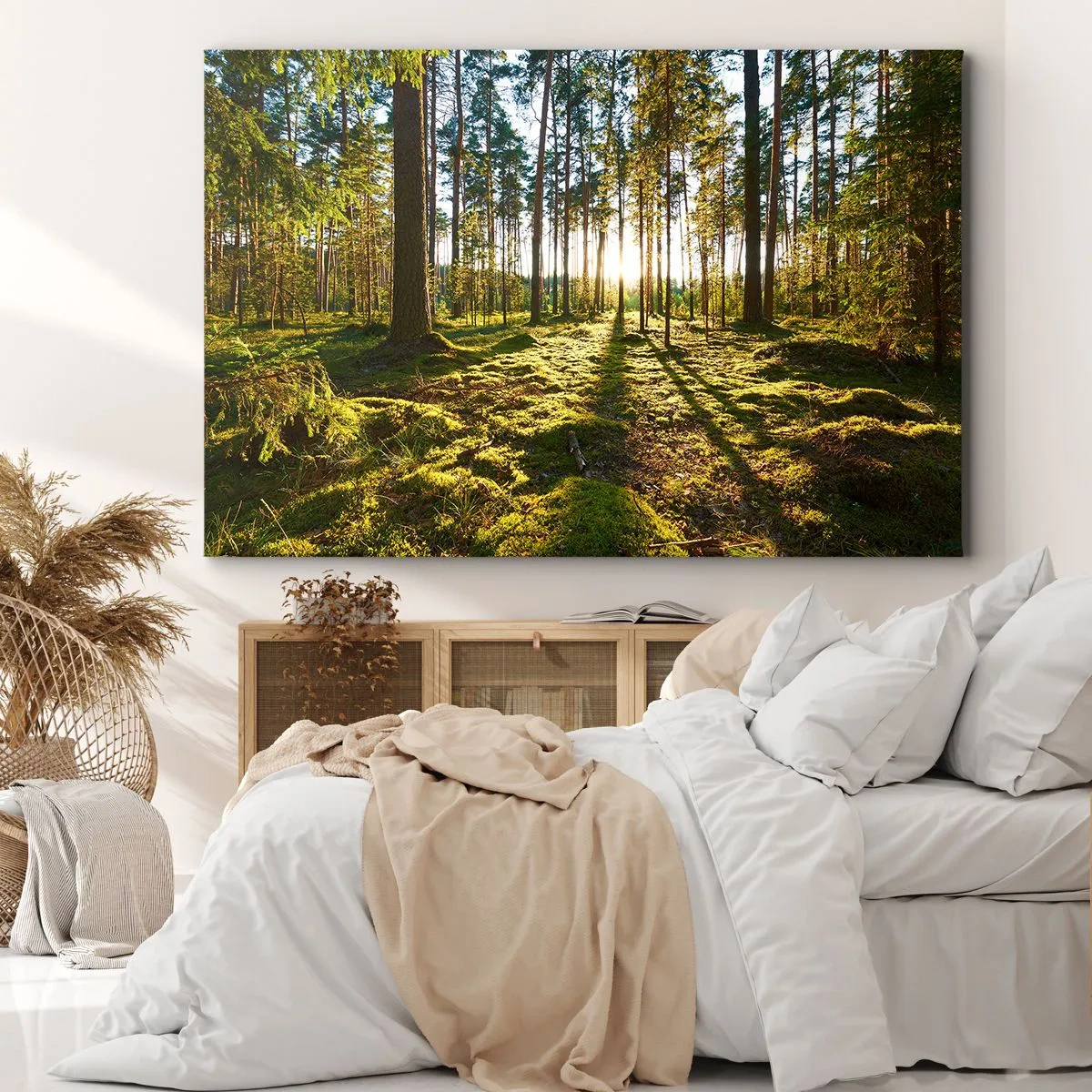 Quadro su tela - Stampe su Tela - Foresta verde illuminata dalla luce del sole sul muschio - 70x50cm - …dopo sette foreste - Decorazione murale moderna per soggiorno e camera da letto ARTTOR