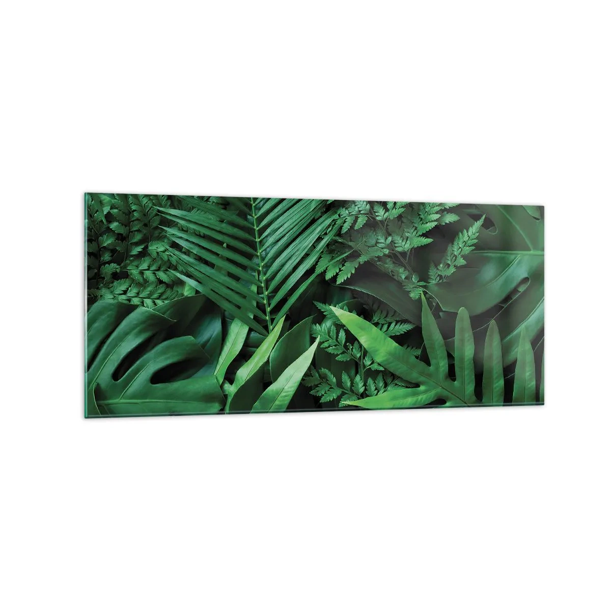 Quadro su vetro - Foglie tropicali verdi in una composizione densa e naturale - 120x50cm - Avvolti nel verde - Decorazione murale moderna per soggiorno e camera da letto ARTTOR