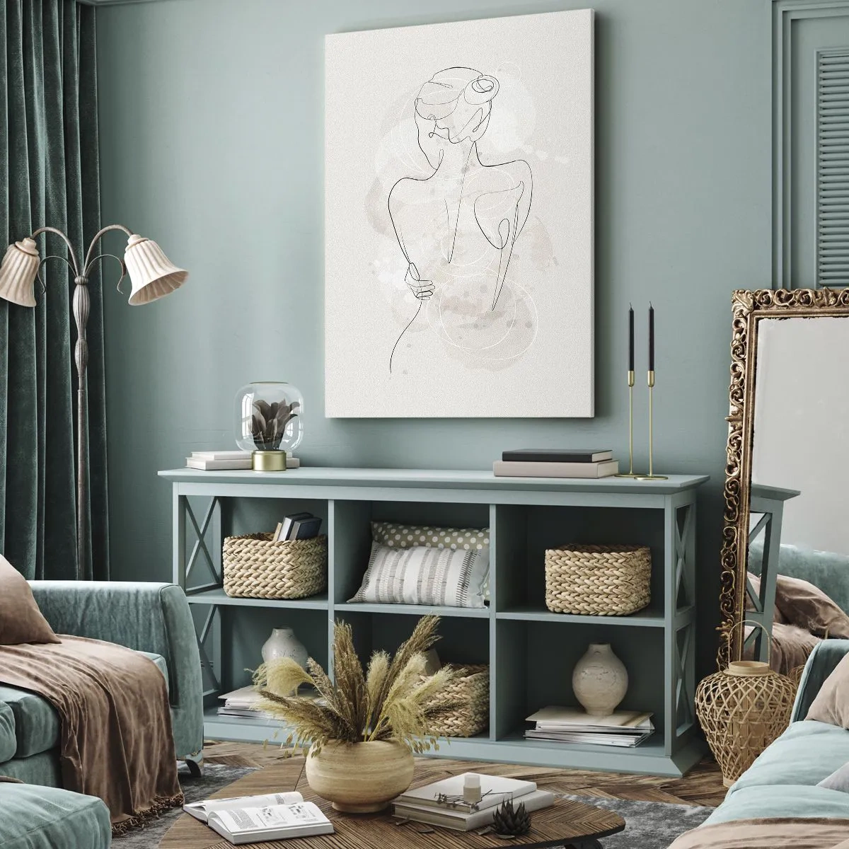 Quadro su tela - Stampe su Tela - Uno schizzo minimalista di una silhouette femminile su uno sfondo chiaro. - 80x120cm - Come uno strumento delicato - Decorazione murale moderna per soggiorno e camera da letto ARTTOR