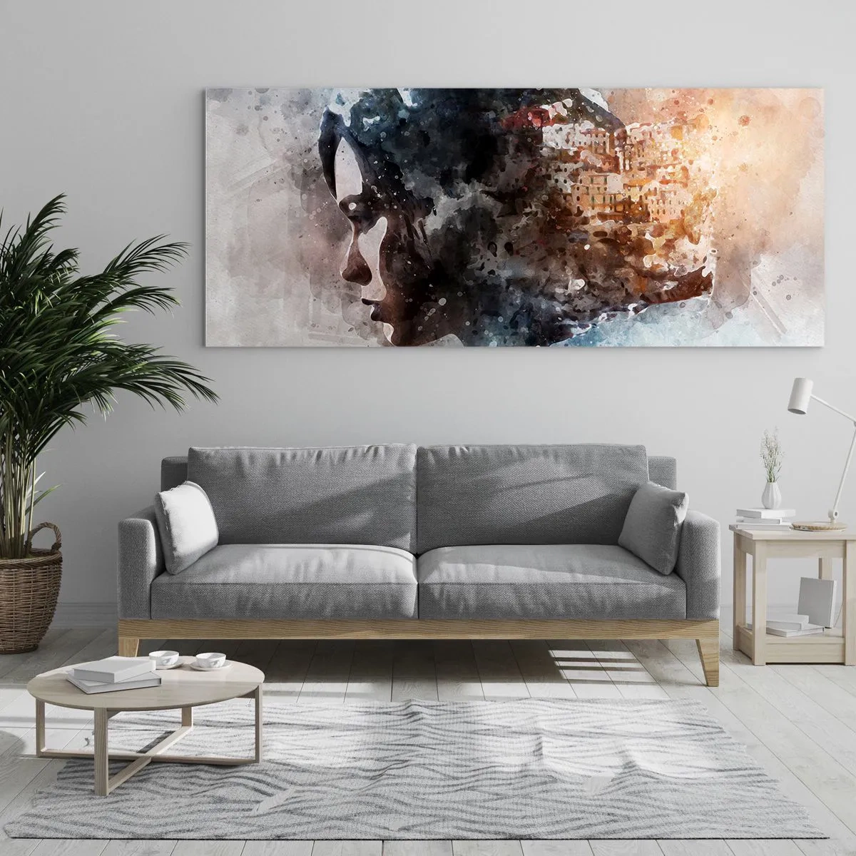 Quadro su vetro - Ritratto di una donna che combina il suo viso con un paesaggio urbano sullo sfondo - 140x50cm - Racconto su una ragazza con città sullo sfondo - Decorazione murale moderna per soggiorno e camera da letto ARTTOR