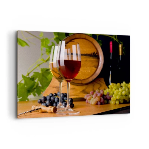 Quadro su tela - Stampe su Tela - Bicchieri di vino con uva, una botte e bottiglie su un tavolo di legno - 120x80cm - Come presso gli antichi conoscitori - Decorazione murale moderna per soggiorno e camera da letto ARTTOR