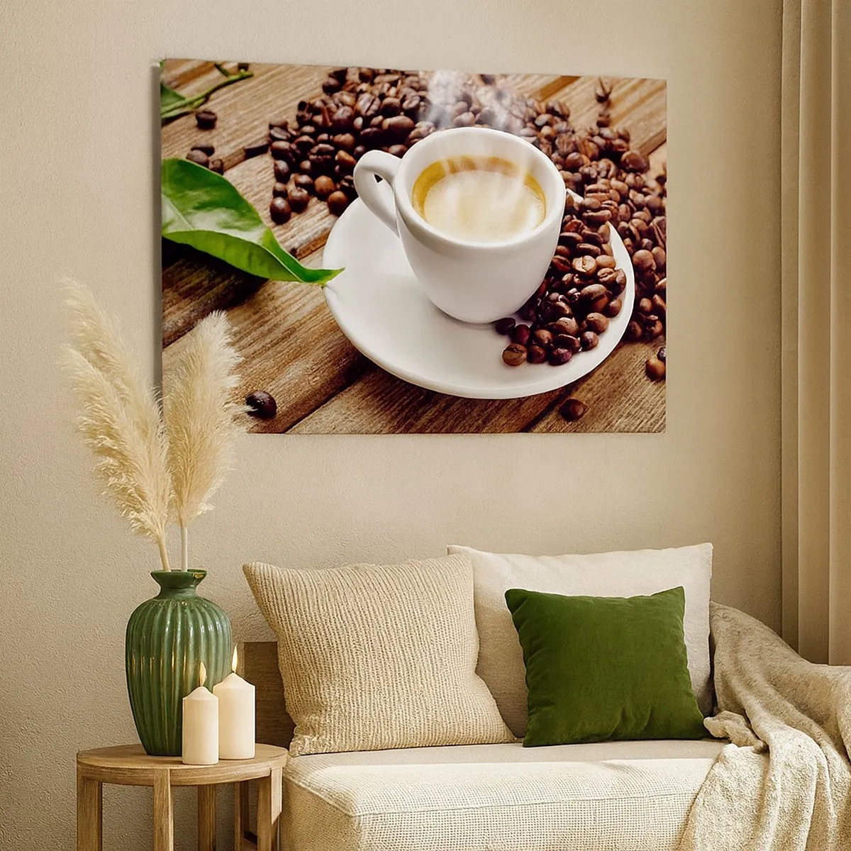 Quadro su tela - Stampe su Tela - Una tazza di caffè aromatico sullo sfondo di chicchi e una foglia - 70x50cm - Il caffè è pronto - Decorazione murale moderna per soggiorno e camera da letto ARTTOR