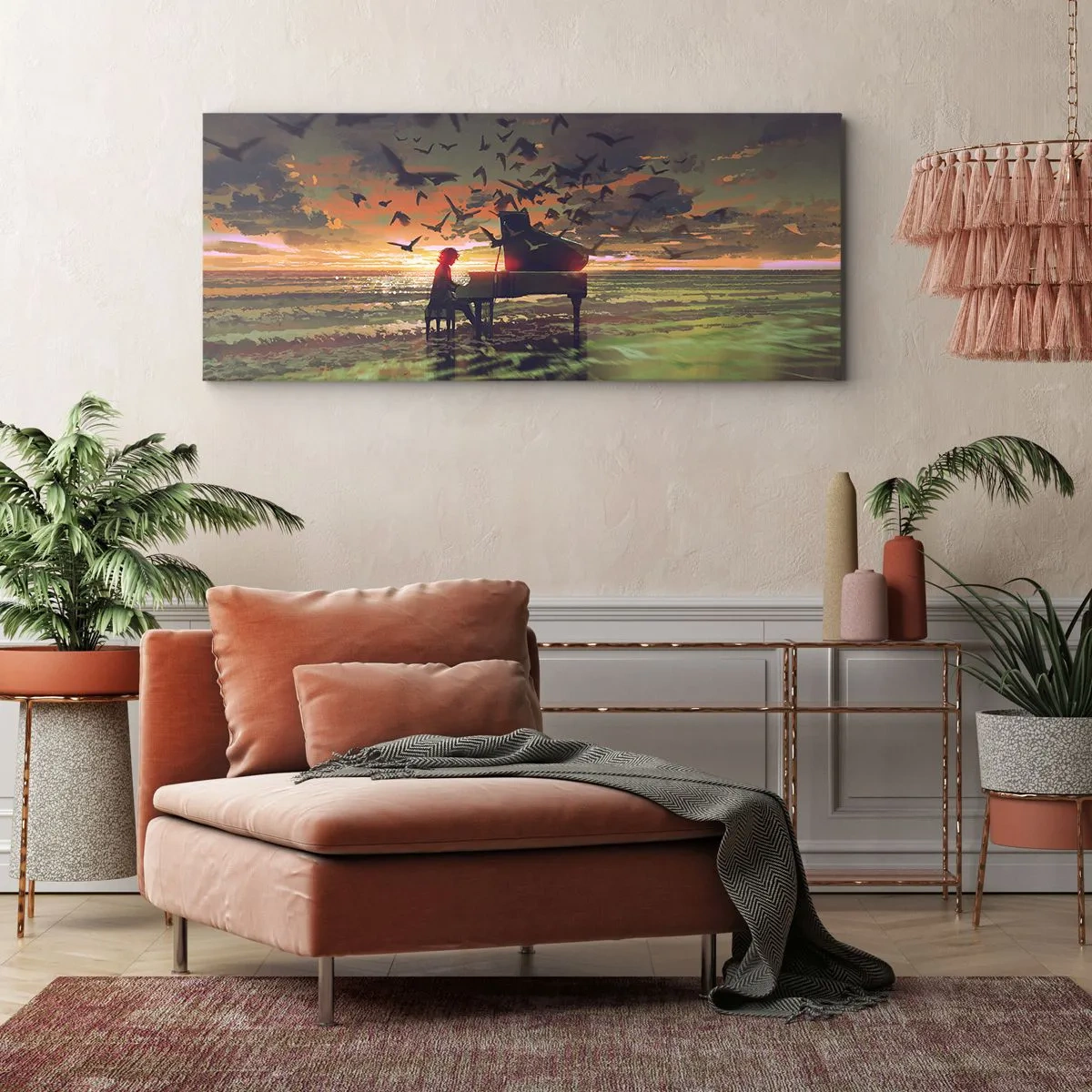 Quadro su tela - Stampe su Tela - Un pianoforte in riva al mare al tramonto con gli uccelli - 140x50cm - Concerto per pianoforte e onde - Decorazione murale moderna per soggiorno e camera da letto ARTTOR