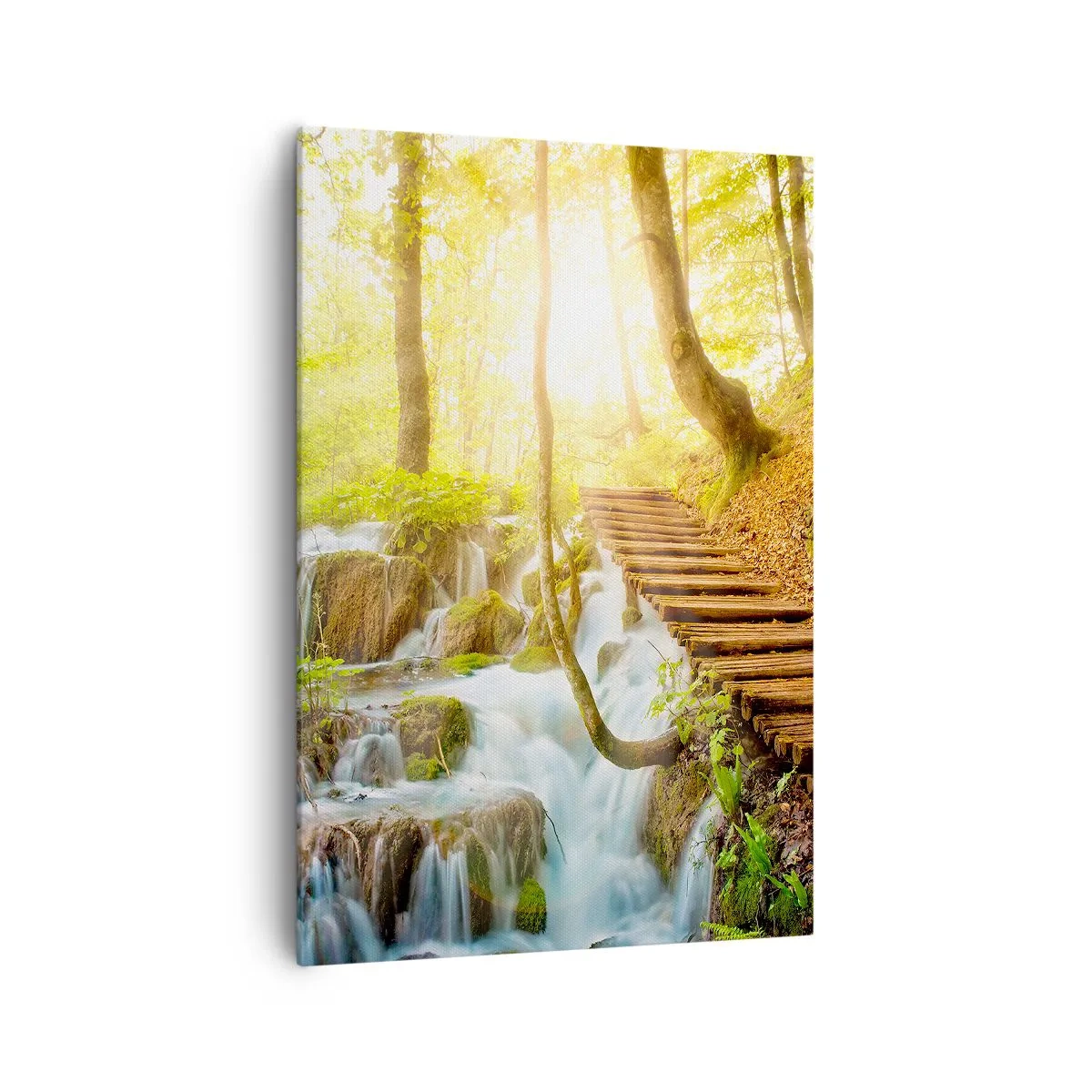 Quadro su tela - Stampe su Tela - Sentiero nel bosco con scale in legno vicino alla cascata - 70x100cm - Bramata freschezza - Decorazione murale moderna per soggiorno e camera da letto ARTTOR