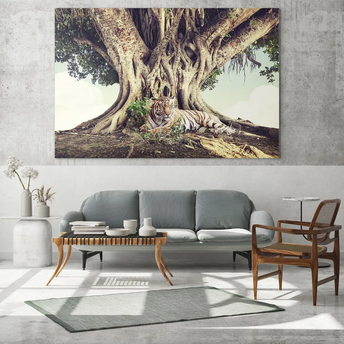 Quadro su vetro - Una tigre sdraiata sotto un albero che si estende nella giungla - 70x50cm - Vista dal Libro della Genesi - Decorazione murale moderna per soggiorno e camera da letto ARTTOR