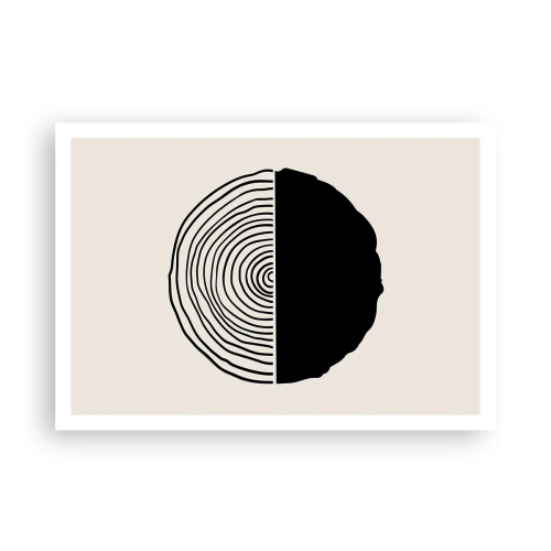 Poster - Un motivo astratto in bianco e nero ispirato a una sezione trasversale di legno con una divisione geometrica. - 100x70cm - A metà - Decorazione murale moderna per soggiorno e camera da letto ARTTOR