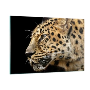 Quadro su vetro - Profilo di un leopardo su sfondo nero - 120x80cm - Calmo, concentrato, pronto - Decorazione murale moderna per soggiorno e camera da letto ARTTOR