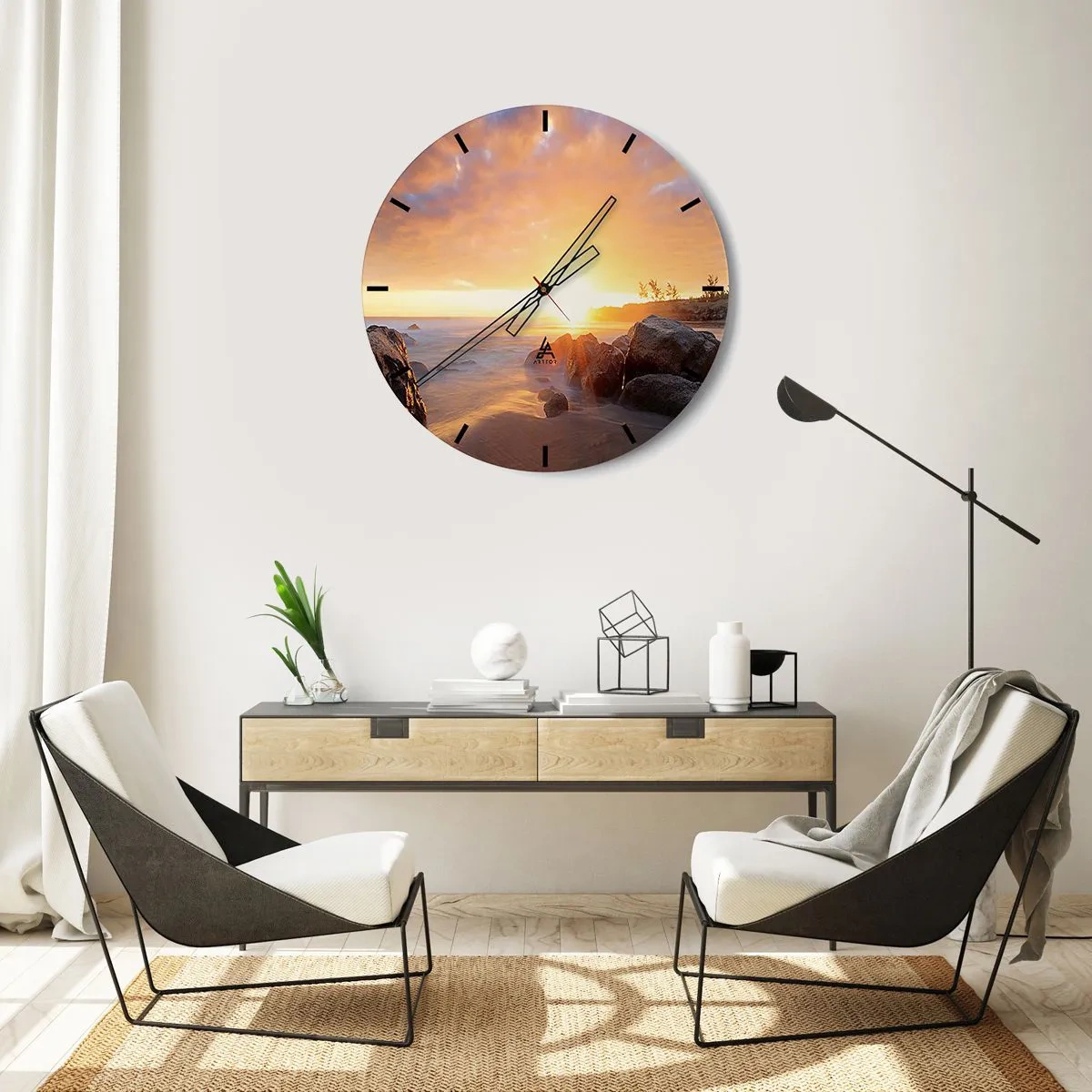 Orologio da parete - Orologio in Vetro - Tramonto sul mare con pietre e luce calda - 30x30cm - La luminosa brezza della sera - Decorazione murale moderna per soggiorno, cucina e camera da letto ARTTOR