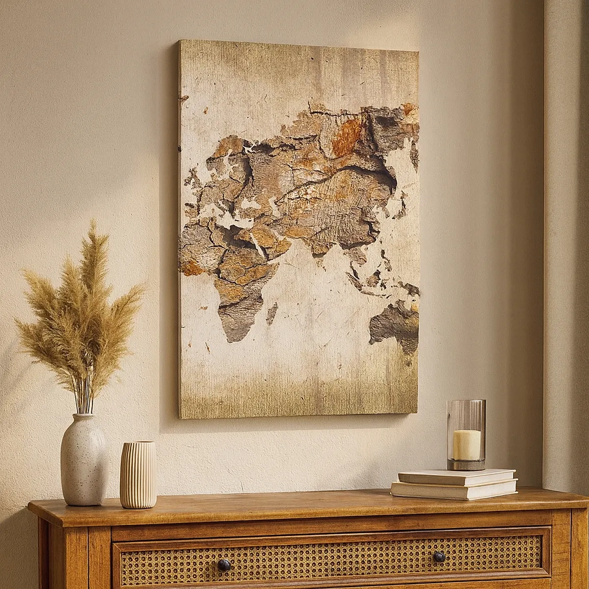 Quadro su tela - Stampe su Tela - Una mappa del mondo in stile rustico in legno - 50x70cm - Alla scoperta del mondo - Decorazione murale moderna per soggiorno e camera da letto ARTTOR