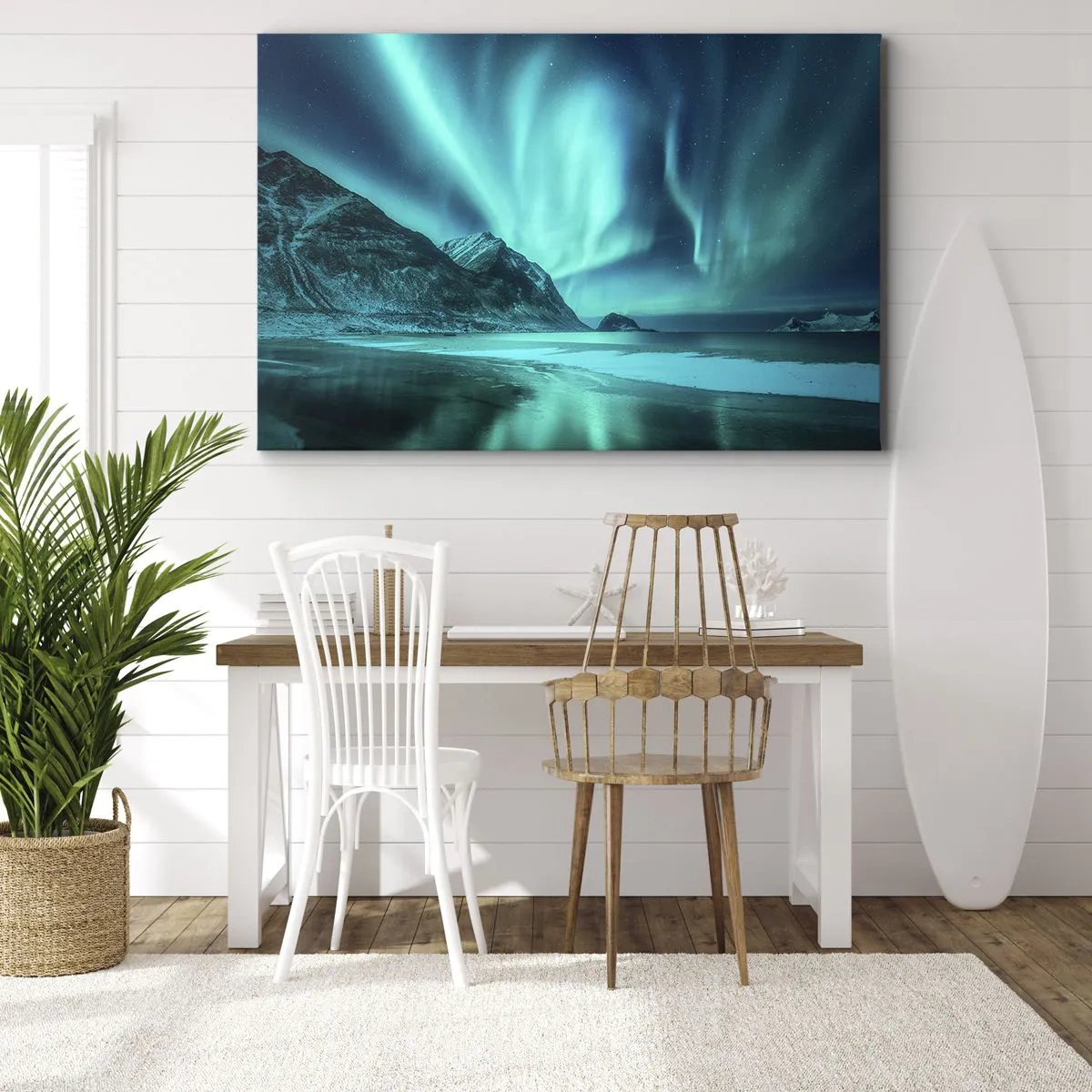 Quadro su tela - Stampe su Tela - Aurora boreale su un paesaggio invernale montuoso - 70x50cm - Miracolo del Nord - Decorazione murale moderna per soggiorno e camera da letto ARTTOR