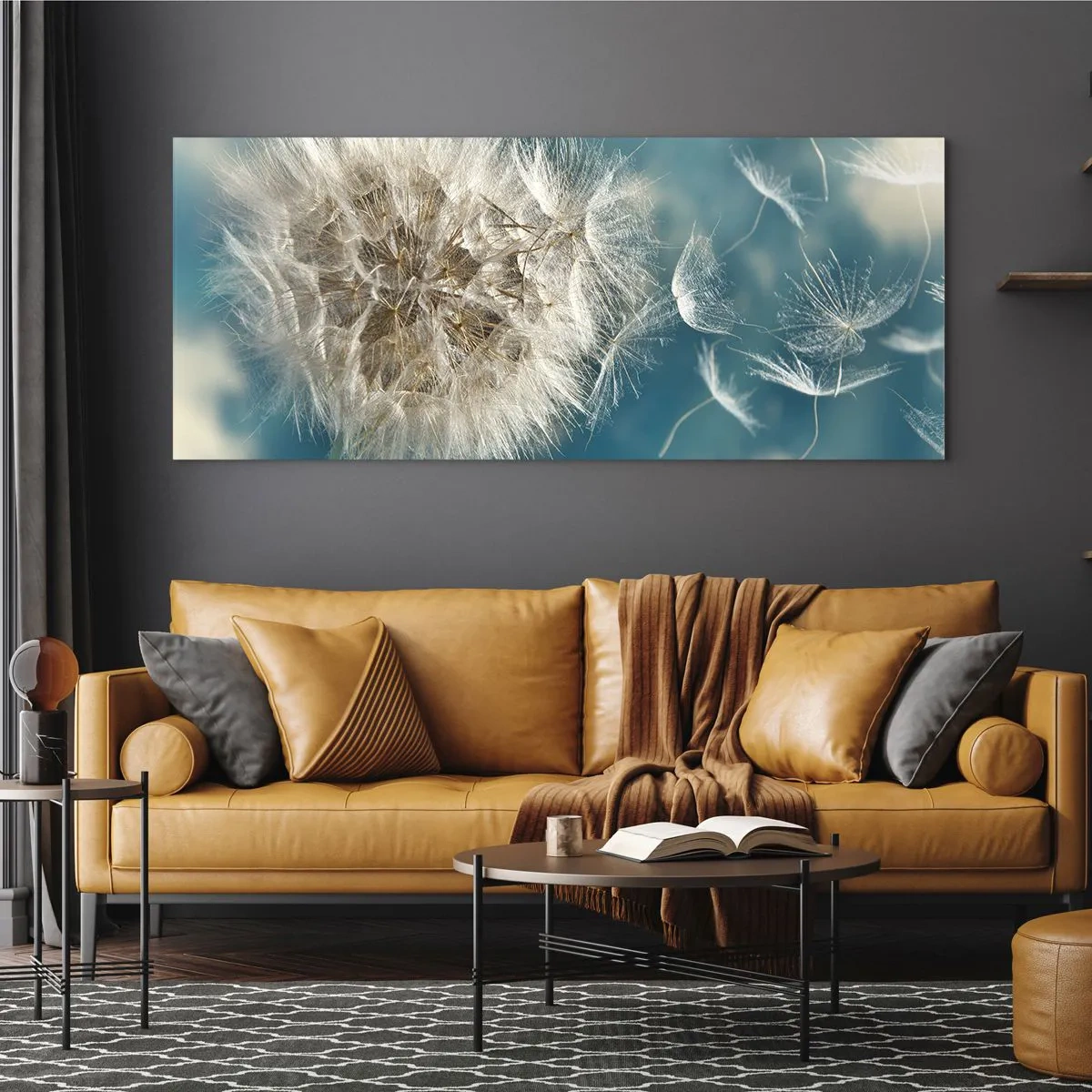 Quadro su vetro - Un dente di leone soffiato contro un cielo blu - 140x50cm - Il respiro dell'angelo - Decorazione murale moderna per soggiorno e camera da letto ARTTOR