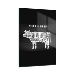 Quadro su vetro - Schema del taglio della carne di manzo su una lavagna - 50x70cm - Il sillabario del macellaio - Decorazione murale moderna per soggiorno e camera da letto ARTTOR