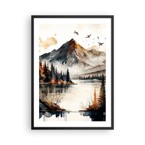 Poster in cornice nera - Paesaggio montano autunnale sopra un lago tranquillo - 50x70cm - L'autunno dorato sui monti - Decorazione murale moderna per soggiorno e camera da letto ARTTOR