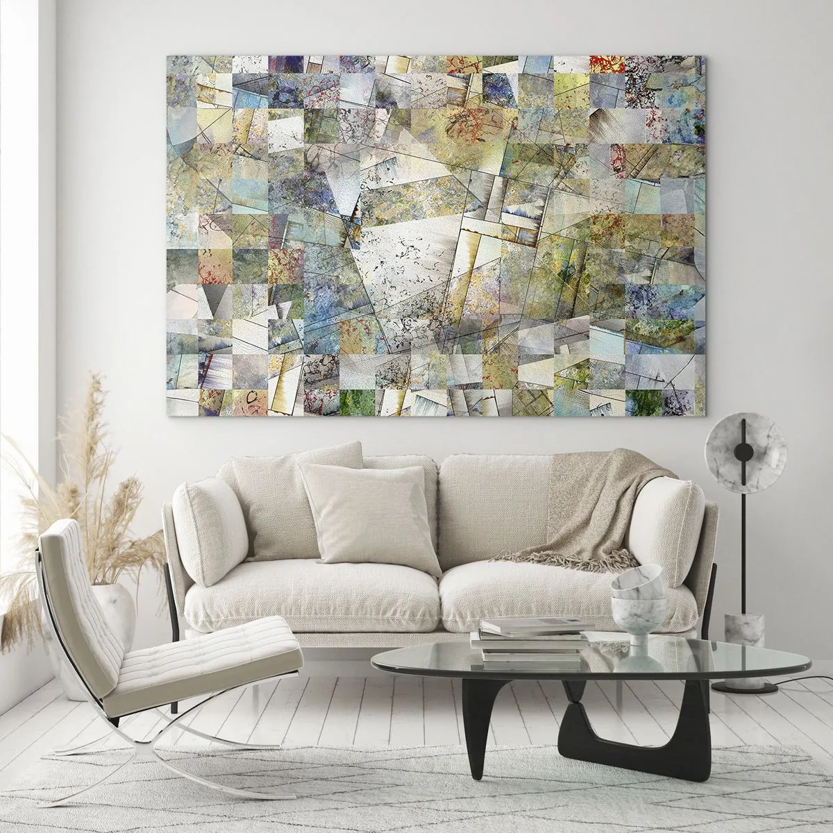 Quadro su vetro - Una composizione colorata di forme geometriche frammentate - 70x50cm - Rimpasto geometrico - Decorazione murale moderna per soggiorno e camera da letto ARTTOR
