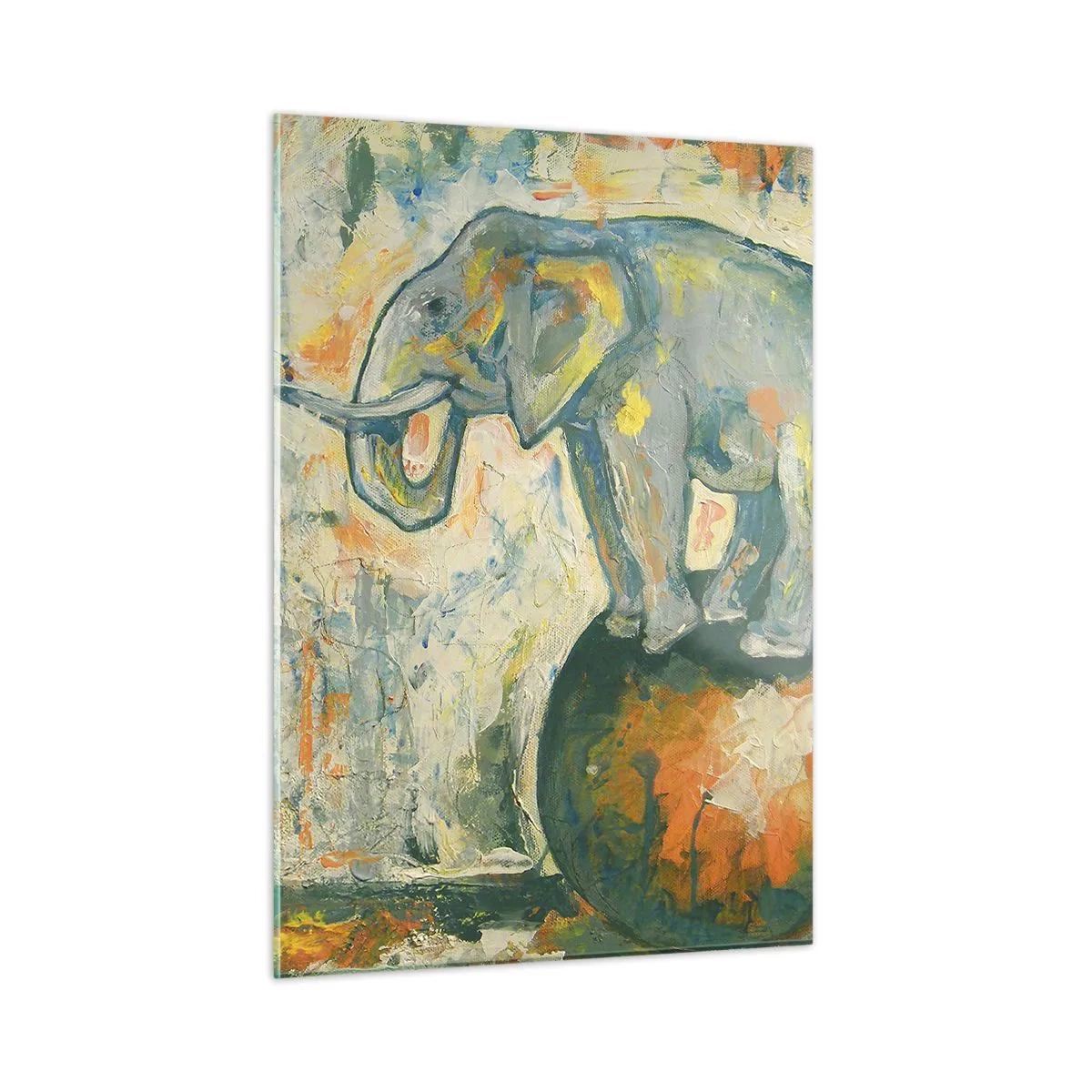 Quadro su vetro - Elefante astratto in equilibrio su una palla - 50x70cm - Evviva il circo! - Decorazione murale moderna per soggiorno e camera da letto ARTTOR